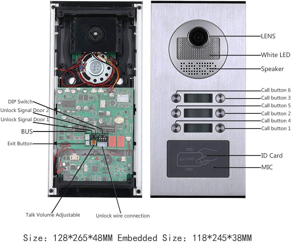 7 Inch Bus 2 Wire Video Door Phone Intercom Systems Kit for Home 6 Units Apartment Night Vision