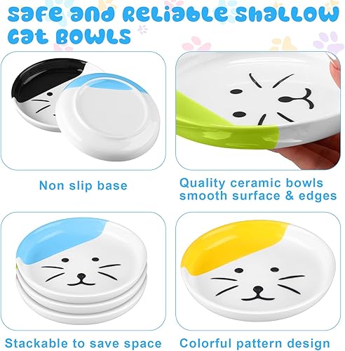 Miniatura 3 de Hillban Juego de 5 platos de cerámica para gatos, platos de comida para gatos poco profundos de 6 pulgadas, lindos cuencos planos y anchos coloridos