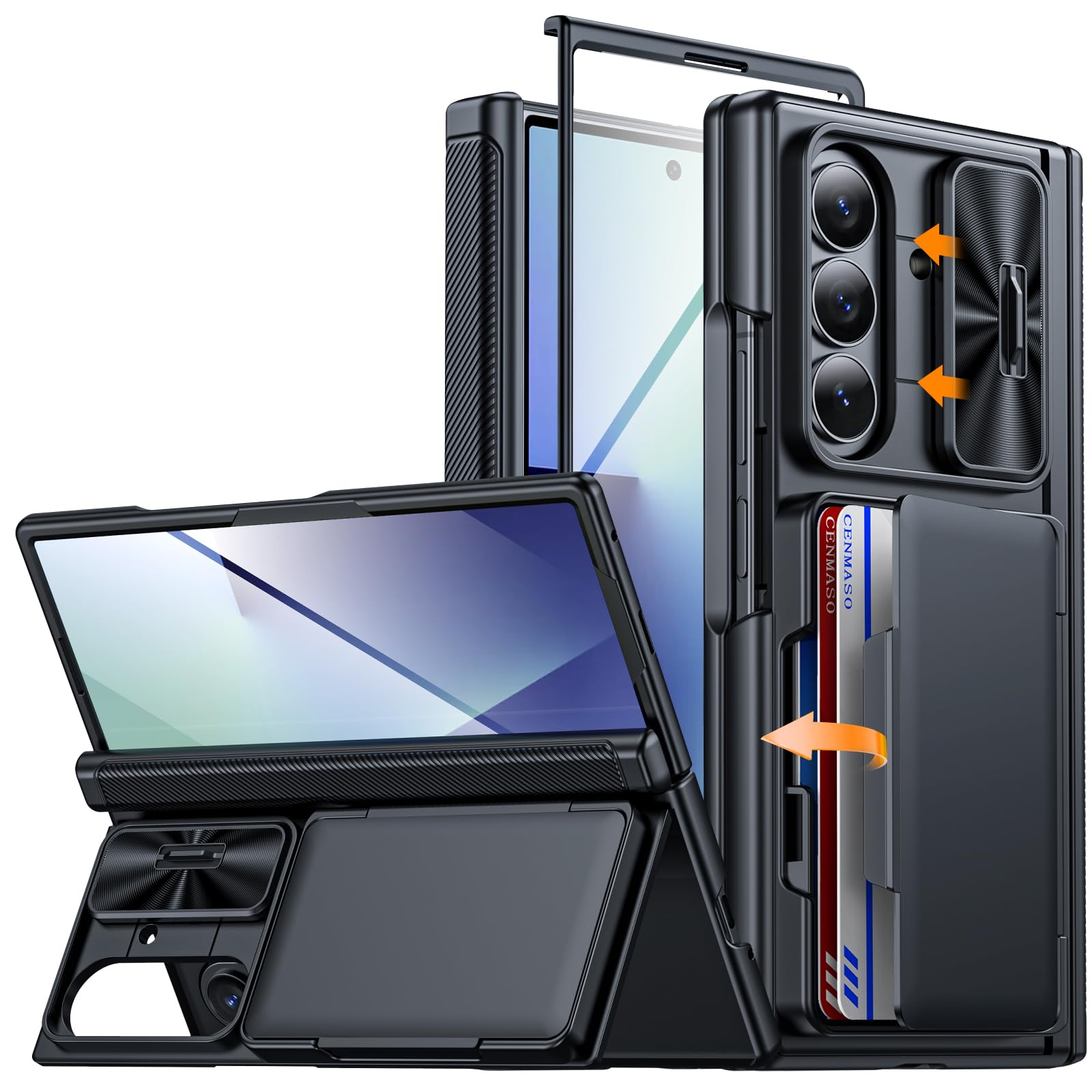 CENMASO for Samsung Galaxy Z Fold 7 Case with Card Holder [RFID Blocking] Camera Cover, Hinge Protection, Hidden Kickstand, Screen Protector, Slim