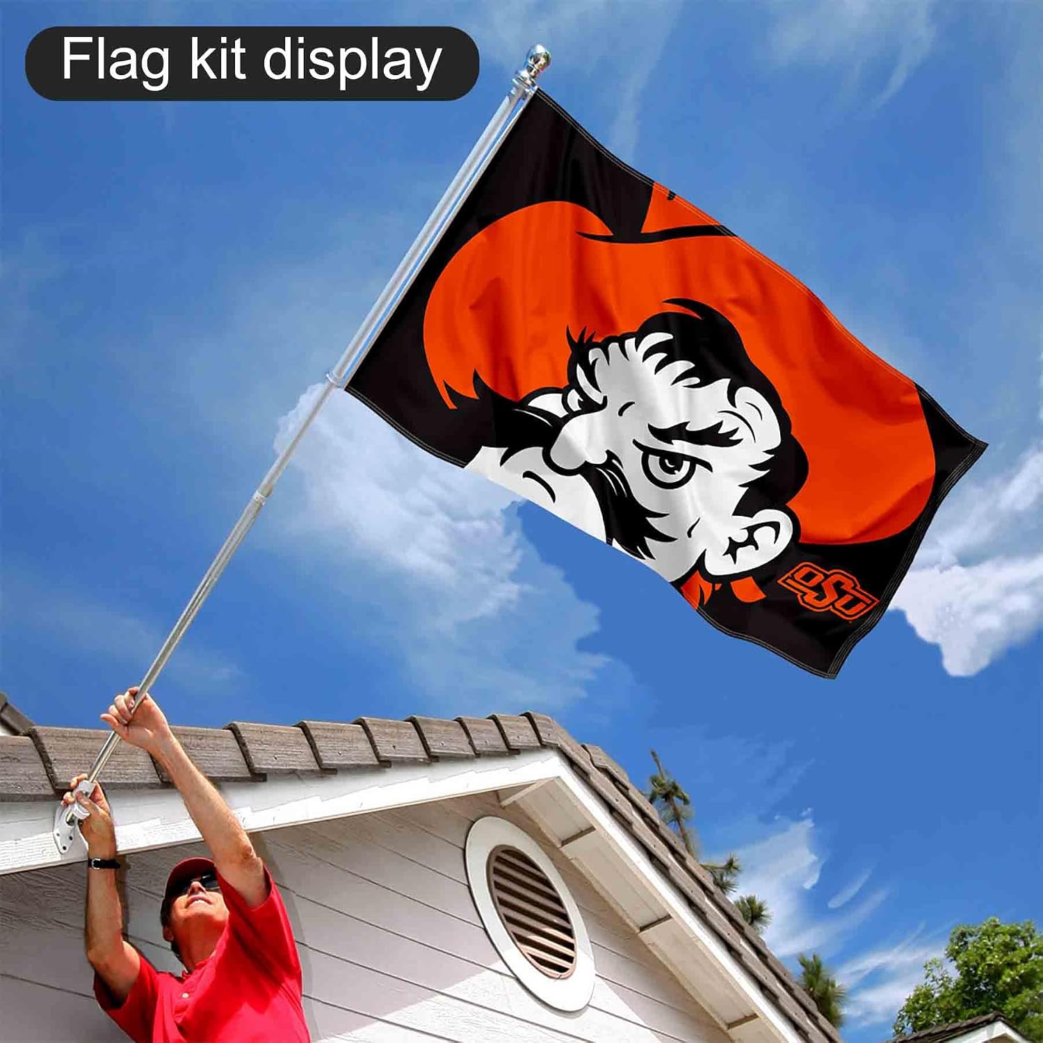 College Flags & Banners Co. Oklahoma State Cowboys Pistol Pete Flag and Pole Bracket Mount Bundle