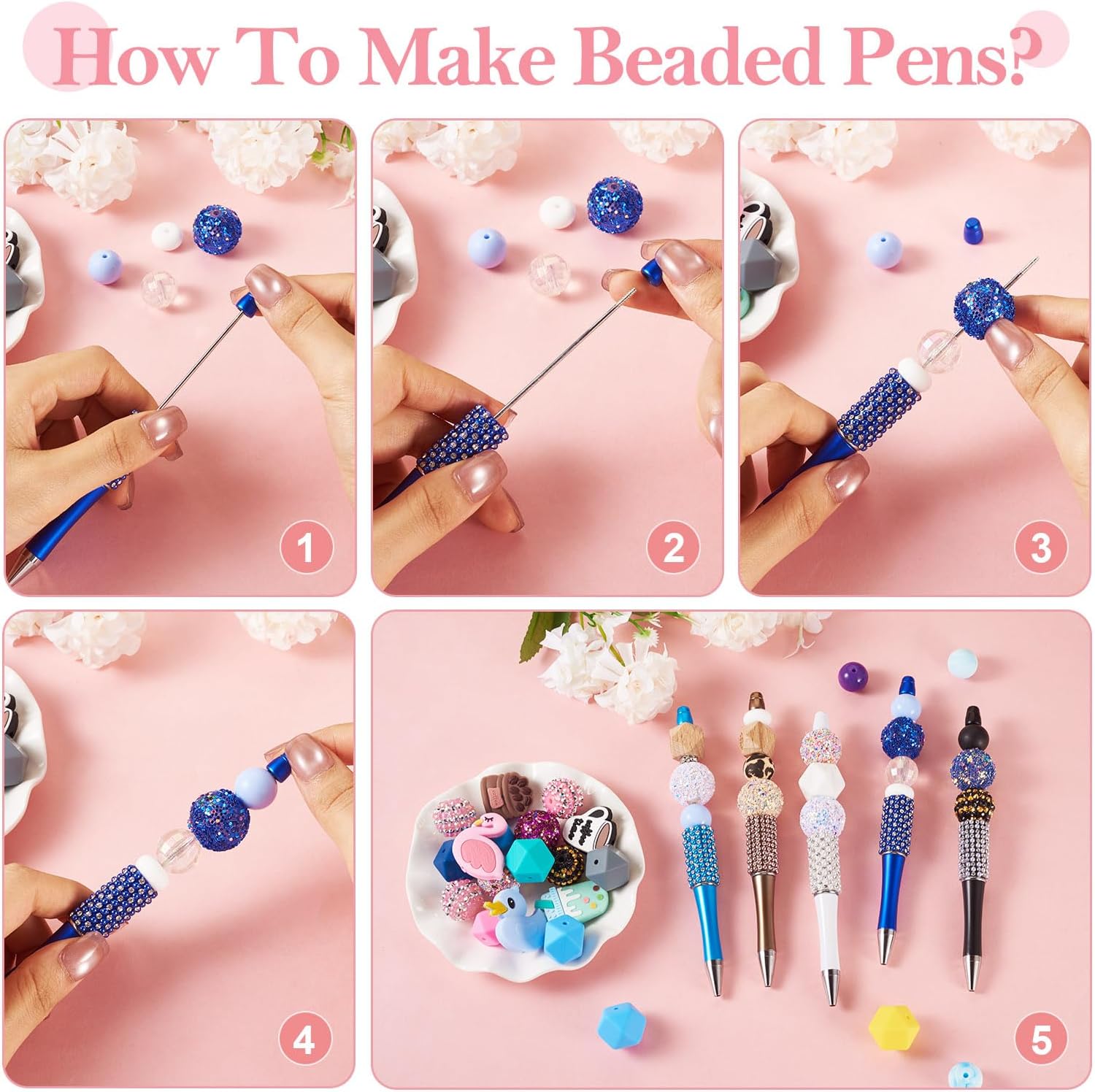 Beadthoven 10pcs Pearl Diamond Beadable Pens, Rhinestone Beaded Pens Plastic DIY Crystal Bling Pearl Bead Pens Shaft Black Ink Ballpoint Pens for DIY Pens Making Supplies Gift Office School - White image 4