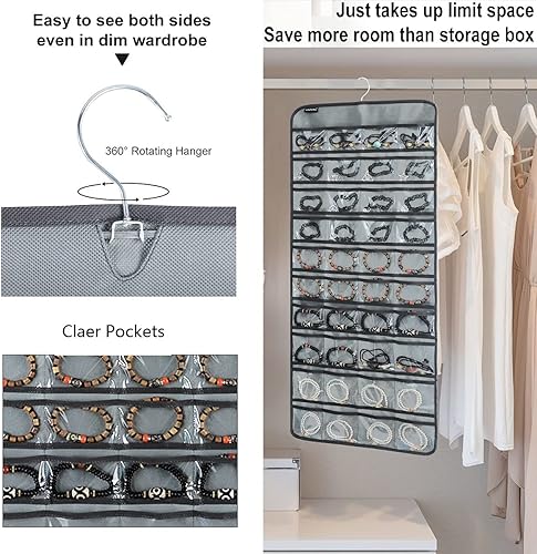 Miniatura 5 de Organizador de joyas colgante de 80 bolsillos para sostener joyas, soporte de exhibición de accesorios de doble cara para aretes, pulseras, anillos