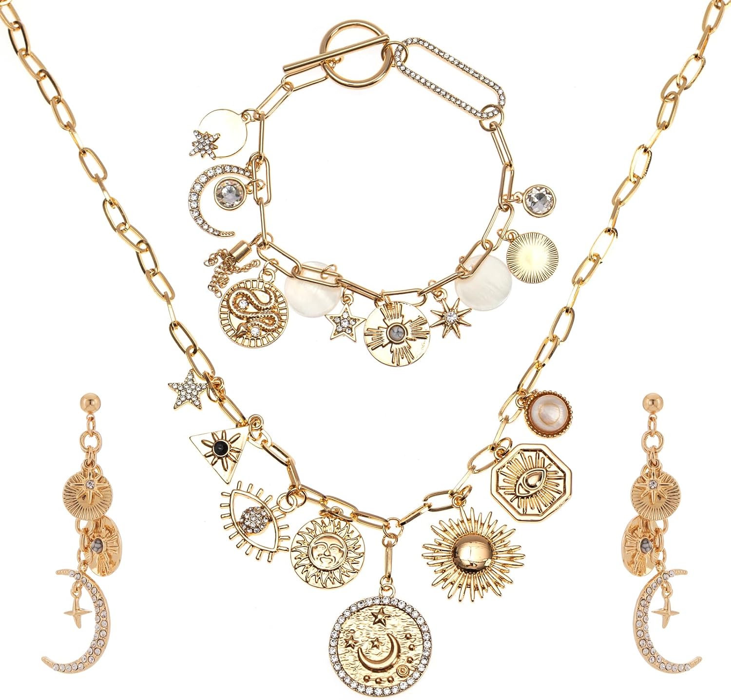 Gold Tone Stylish Costume Jewelry Set,Charm Necklace Bracelet Earrings 3 Piece Vintage Jewelry Gift for Women Party Wedding Prom