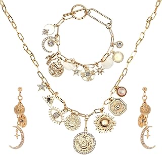 Upowka Gold Tone Stylish Costume Jewelry Set,Charm Necklace Bracelet Earrings 3 Piece Vintage Jewelry Gift for Women Party...