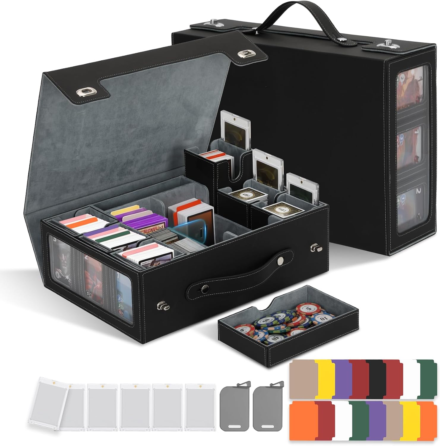 Commander Deck Box for MTG, 9 IN 1 Trading Card Storage Box with 6 Removable Deck Modular, 2-Row Deck Case and 1 Dice Trays, Holds 1400+ Double-Sleeved Cards,Latch Design for TCG/EDH, Black Grey