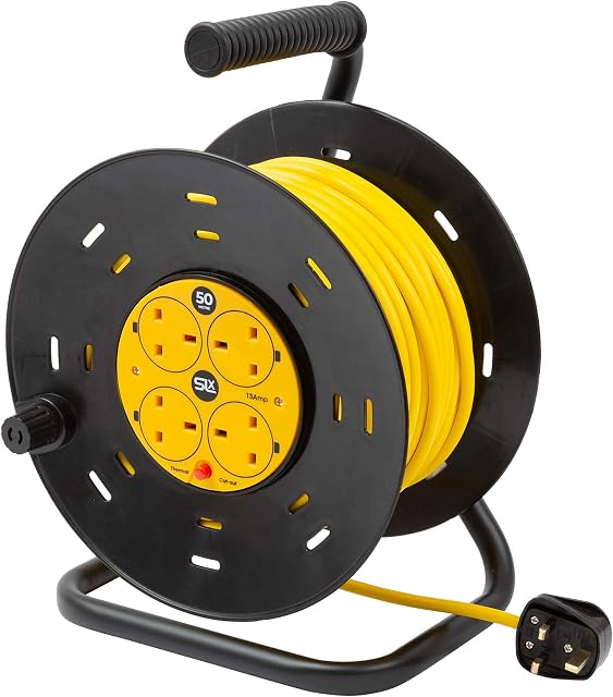 Extension Lead 50m Heavy Duty Cable Reel, 4 Socket Cord Reel UK Plug Socket with Thermal Cut-Out Protection 13A Fused Plug
