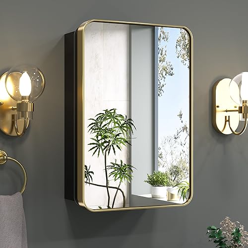 Vista 27 de Keonjinn Espejo de botiquín cromado de 16 x 24 pulgadas, botiquín empotrado para baño, elegante marco de acero inoxidable, estantes ajustables