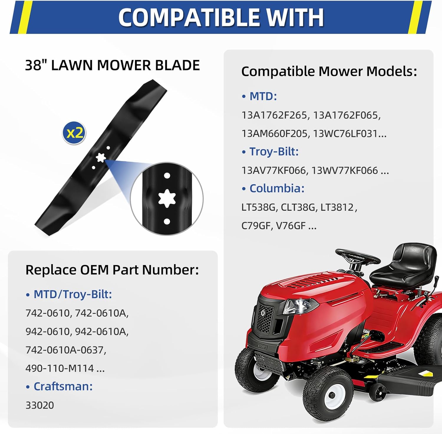 GICOOL 942-0610A Mower Mulching Blades (2 Pack) for 38" Deck MTD, Cub Cadet, Troy-Bilt, Bolens - Replaces 742-0610, 742-0610A, 942-0610 - Fits Huskee LT3800 & Murray