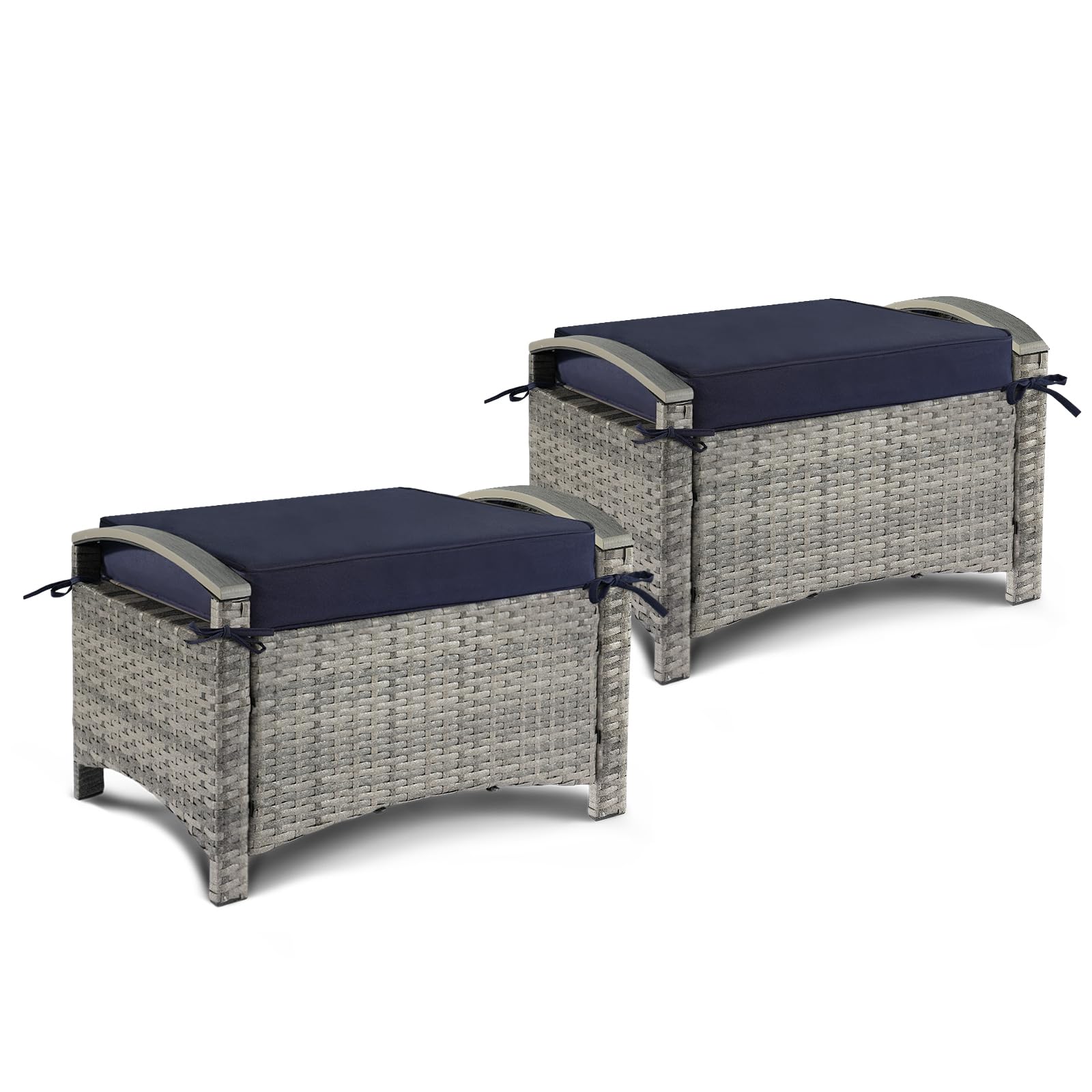 VINGLI Wicker Outdoor Ottoman Set of 2, All Weather PE Rattan Footstool for Patio w/Removable Cushions, Waterproof Rattan Foot Rest for Garden,