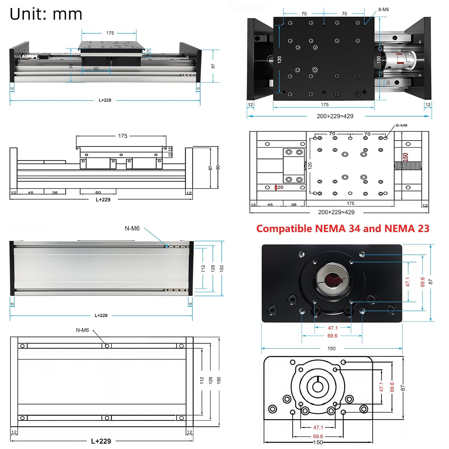 Electric Linear Stage Heavy Duty Load 550 lb 250KG Ballscrew 2005 Double Rail Guide Four Slide 8 Inch 200mm Stroke Slide Stage Compatible Nema23 57mm NEMA34 86mm Stepper Motor for CNC Router