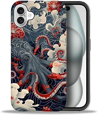 Compatible with iPhone 16 Case, Octopus Tentacles Red Flowers Pattern Print Matte Phone Case Durable Fashion Funny Liquid Silicone Case Soft Anti-Scratch Shockproof Protective Cover