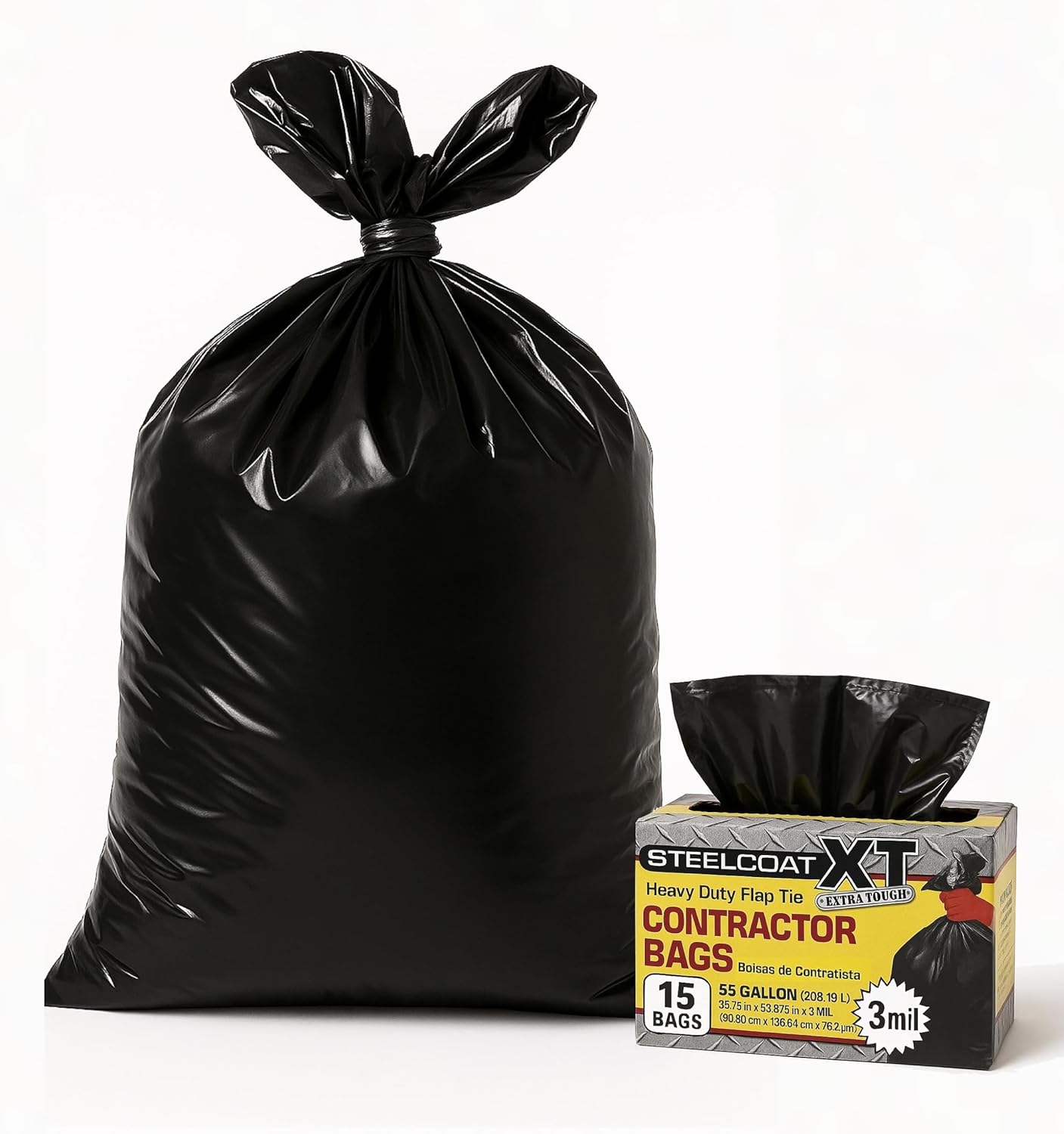 Steelcoat XL 55-Gallon Contractor Trash Bags – Extra Tough, 3 Mil Heavy Duty Flap Tie – 15 Count, Black – Made in USA
