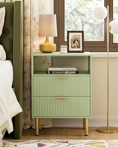 Miniatura 13 de Mesita de noche, mesita de noche de 25.7 pulgadas de alto con estante de 2 cajones, mesita de noche Morden con marco dorado, mesa auxiliar acanalada