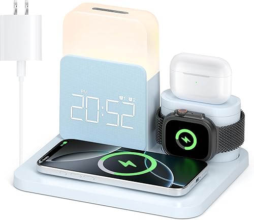 7 in 1 Wireless Charging Station, Alarm Clock with Wireless Charger for Bedrooms, Magnetic Charger with Night Light Bedside Clock for iPhone 17 16 15 14 13 12 Pro Max, Apple Watch, AirPods