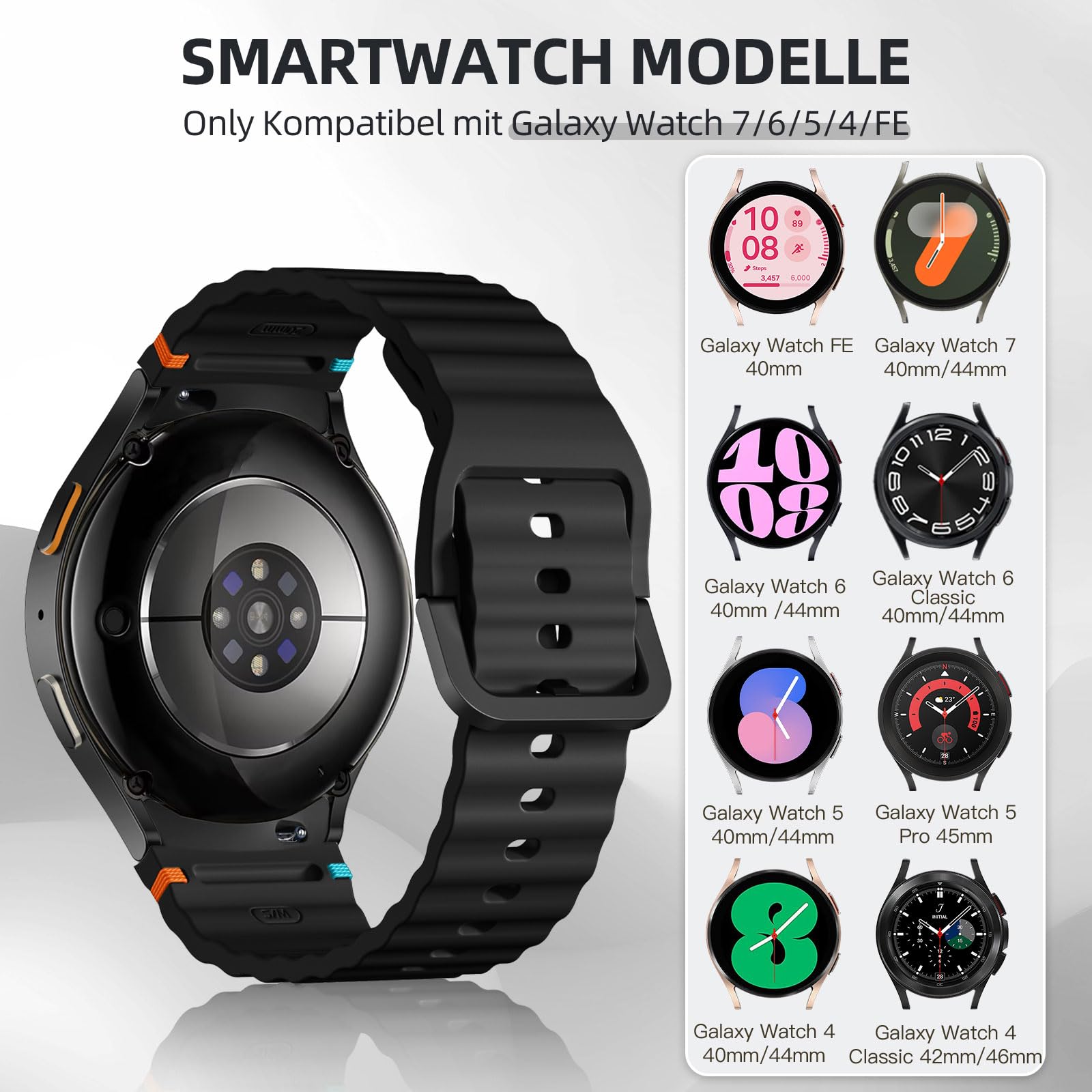 Bransoletki kompatybilne z Samsung Galaxy Watch 7 40 mm, 44 mm - ulepszony, bez luk, sportowy pasek silikonowy do Watch-S 6, 5, 4 FE, 20 mm do Galaxy Watch Classic/Pro