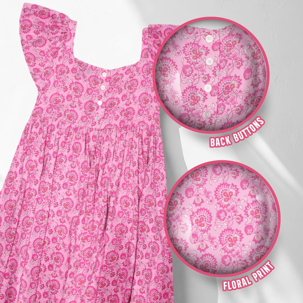 French Connection Vestido casual suave con estampado completo para niñas, vestido de verano con volantes y mangas voladas para niños