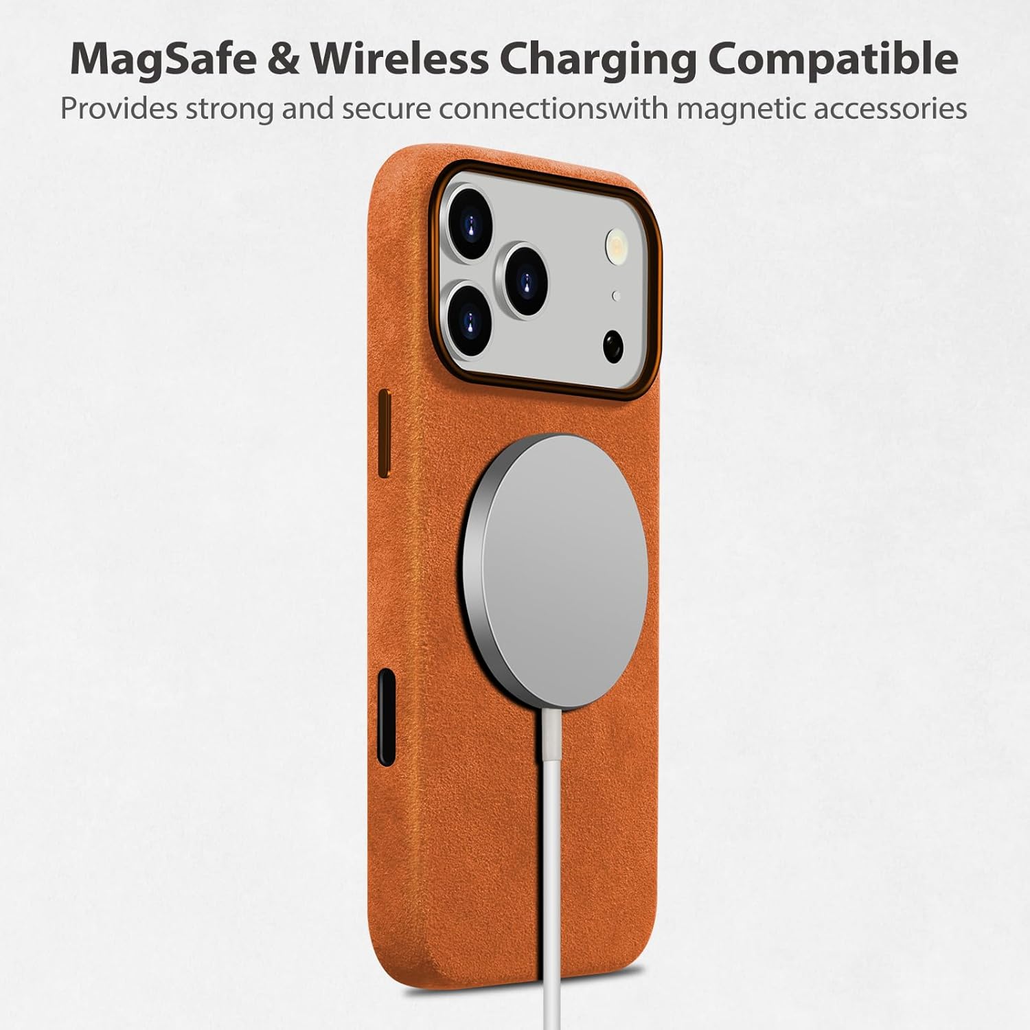 Belemay Handcrafted Alcantara Case for iPhone 17 Pro (6.3"), Compatible with Magsafe Camera Control Button, Luxury Italian Suede-Like Material, Comfortable Grip, Elegant Durable Cover, Orange