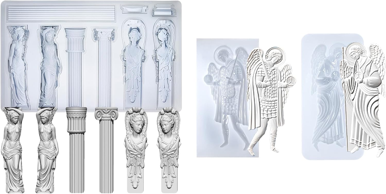 2 Carved Archangel Symbols & Decorative Column and Sculpture Statue Silicone Molds Bundle for Cake Decoration, Polymer Clay, Air Dry Clay and Plaster Crafting Projects