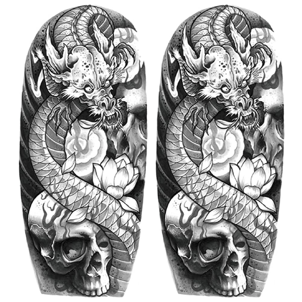 2 Sheets Realistic Animal Temporary Tattoos Stickers Dragon Lotus Skull Designs For Men Waterproof Arm Leg Fake Body Art, Gym & Parties Bold Masculine Decals