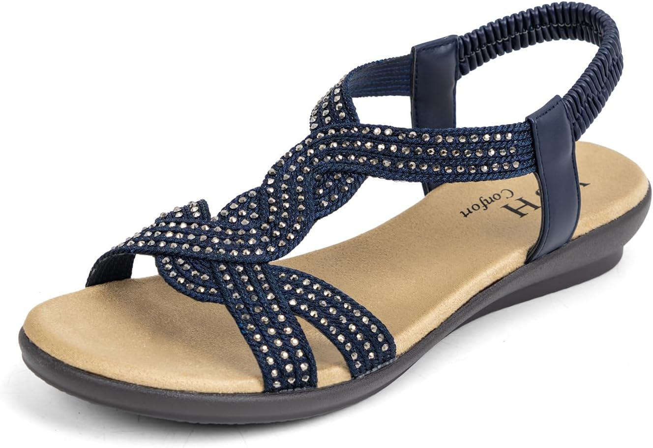 VJH confort Women's Flat Sandals Rhinestone Stretchy Strap Low Wedge Comfy Dressy Walking Sandals