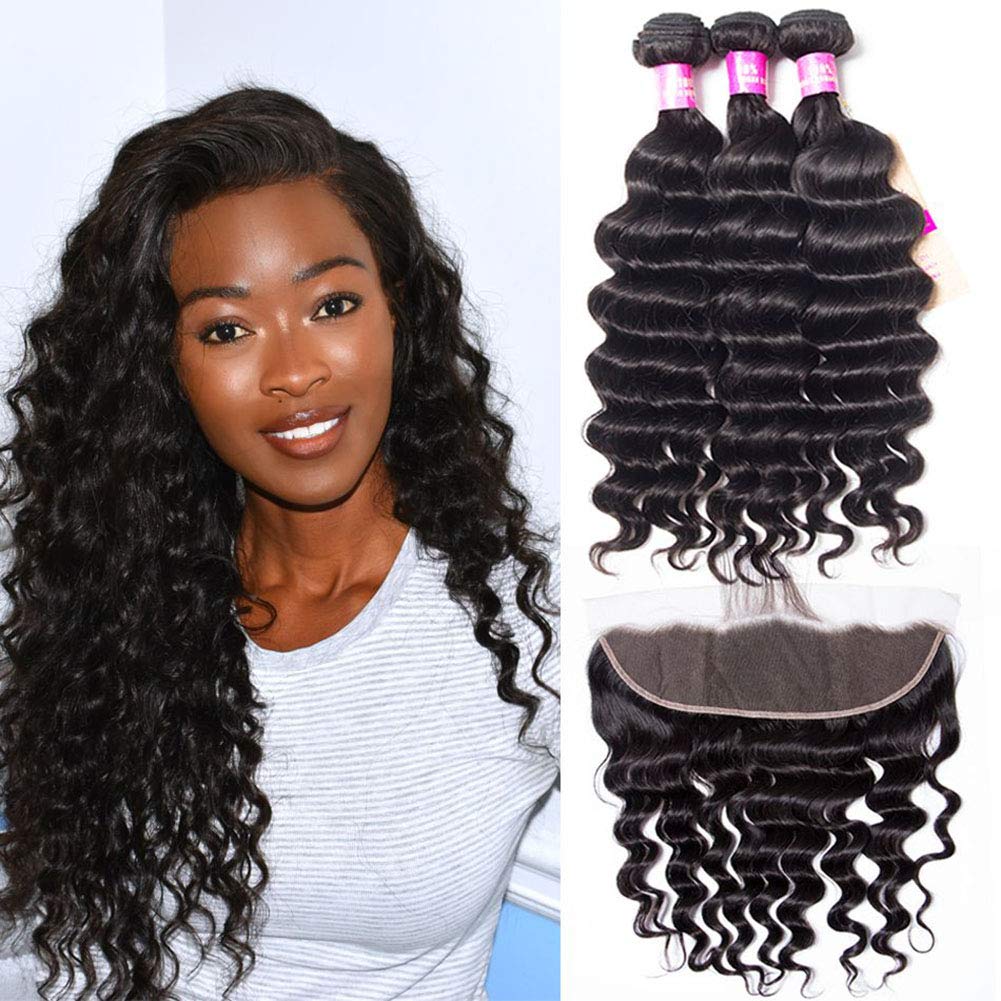 Ugrace Hair Brazilian Hair Loose Deep Wave Bundles with Frontal Closure 8A Virgin Hair Wet and Wavy Human Hair Extensions Ear to Ear Lace Frontal with Bundles(12 14 16 with 10 Frontal)
