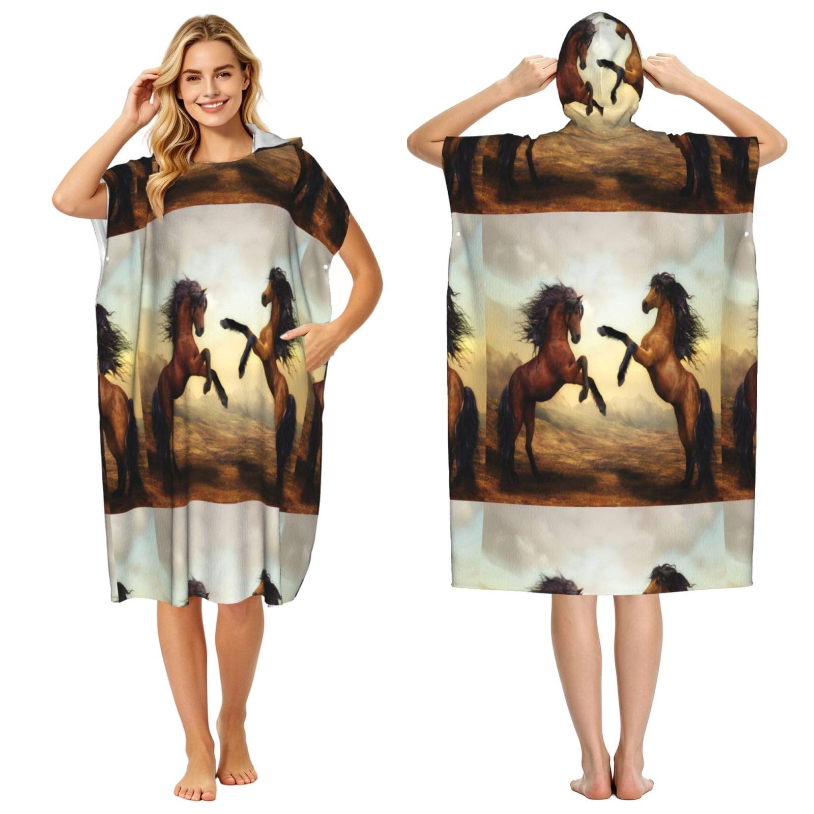 Poadnly Jumping Horse Printed, Adult Hooded Beach Towel 90 x 110 cm,Changing Bath Robe, Surf Poncho Towel For Women Men