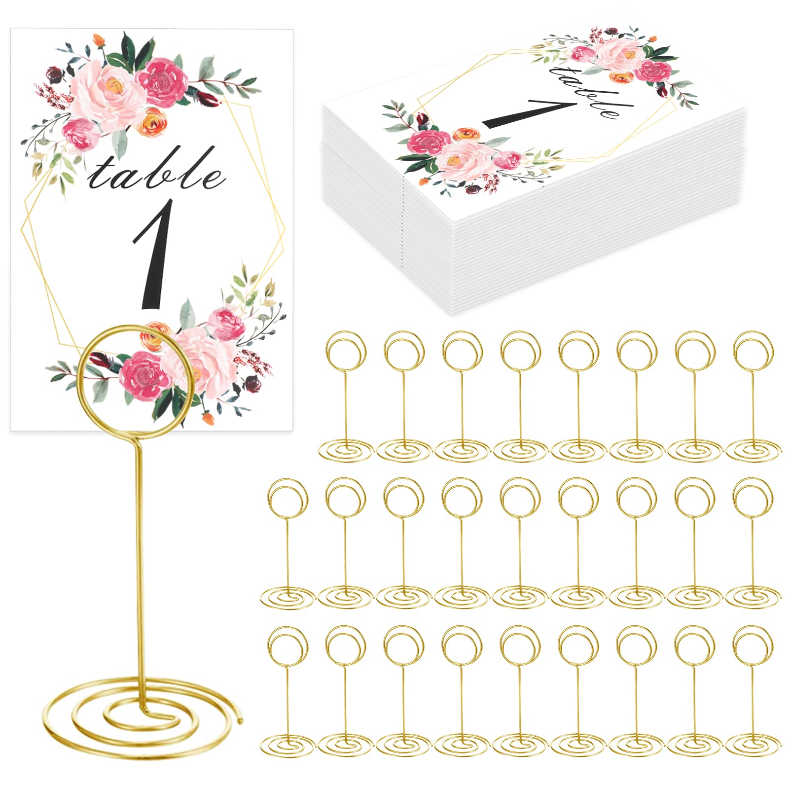26 PCS Table Number Holder - Table Card Holder Stand Wire Photo Holder with 26 Pcs Floral Table Number Cards, Place Card Holder Stand for Weddings