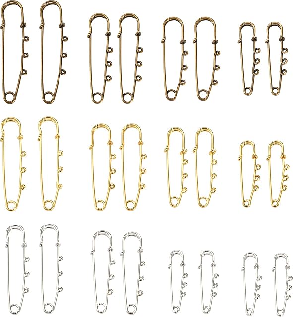PandaHall 44pcs Stainless Steel Safety Pins with 3 Loop 1.9~2.7 Inch Heavy Duty Metal Kilt Pins Fasteners for Brooch Blanket Skirt Knitted Fabric Craft