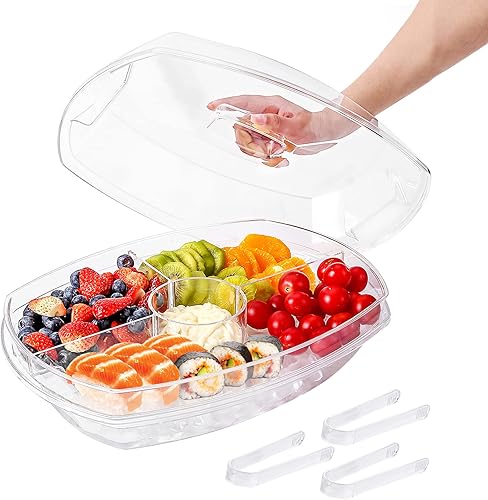 Bandeja de servir refrigerada de 3 niveles con tapa, plato para servir hielo de frutas de 15 pulgadas con 4 compartimentos, plato para servir cóctel