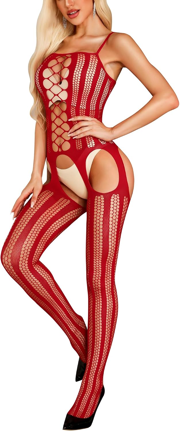 RSLOVE Womens Fishnet Bodystocking Lingerie One Piece Bodysuit Plus Size Tights