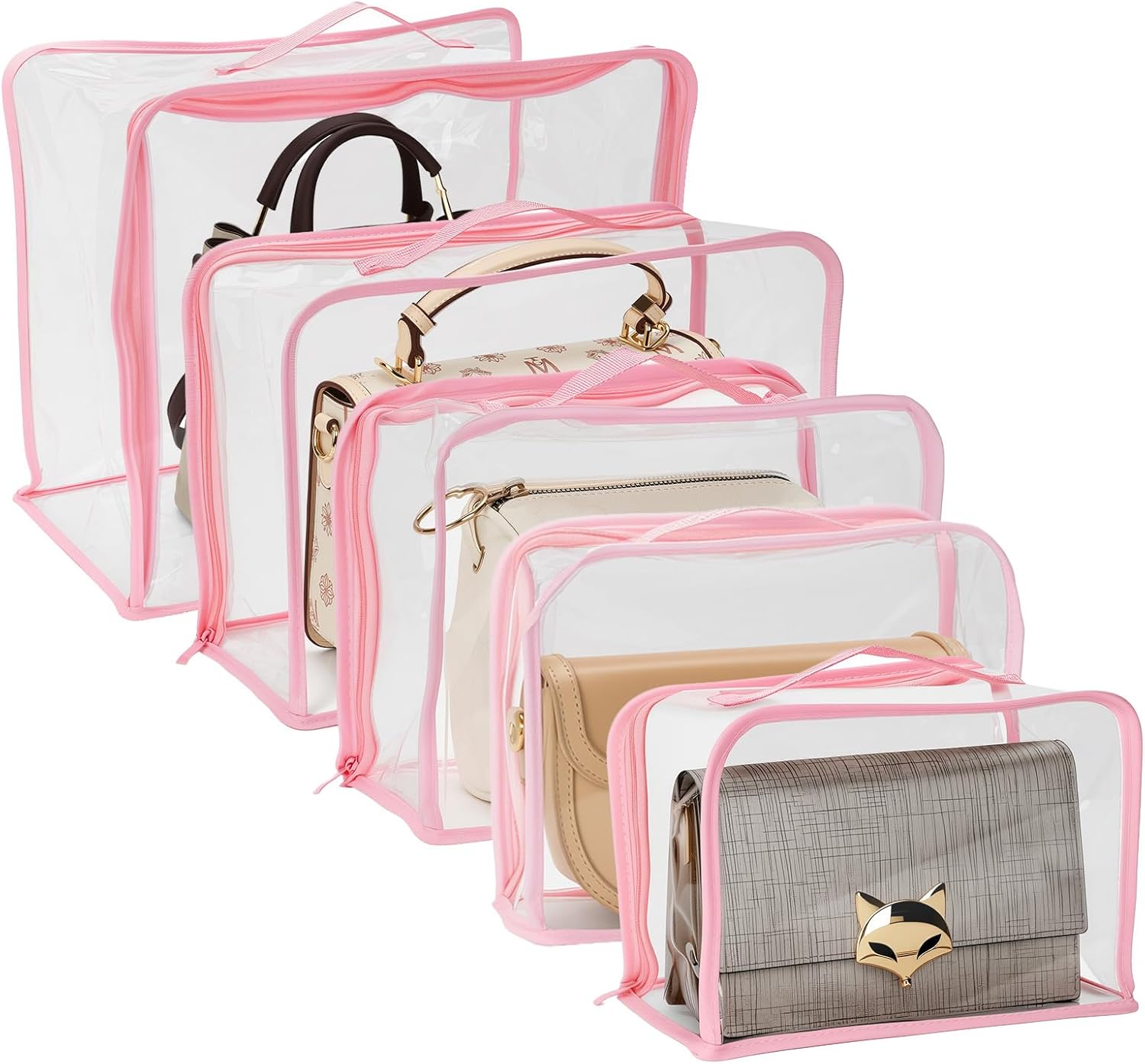 5 Pack Clear Dust Bags for Handbags,5-Sizes Purse Storage Organizers,Purse Protector Storage Bag with Zipper and Handle for Closet, Hanging Dust Cover Bag for Handbag