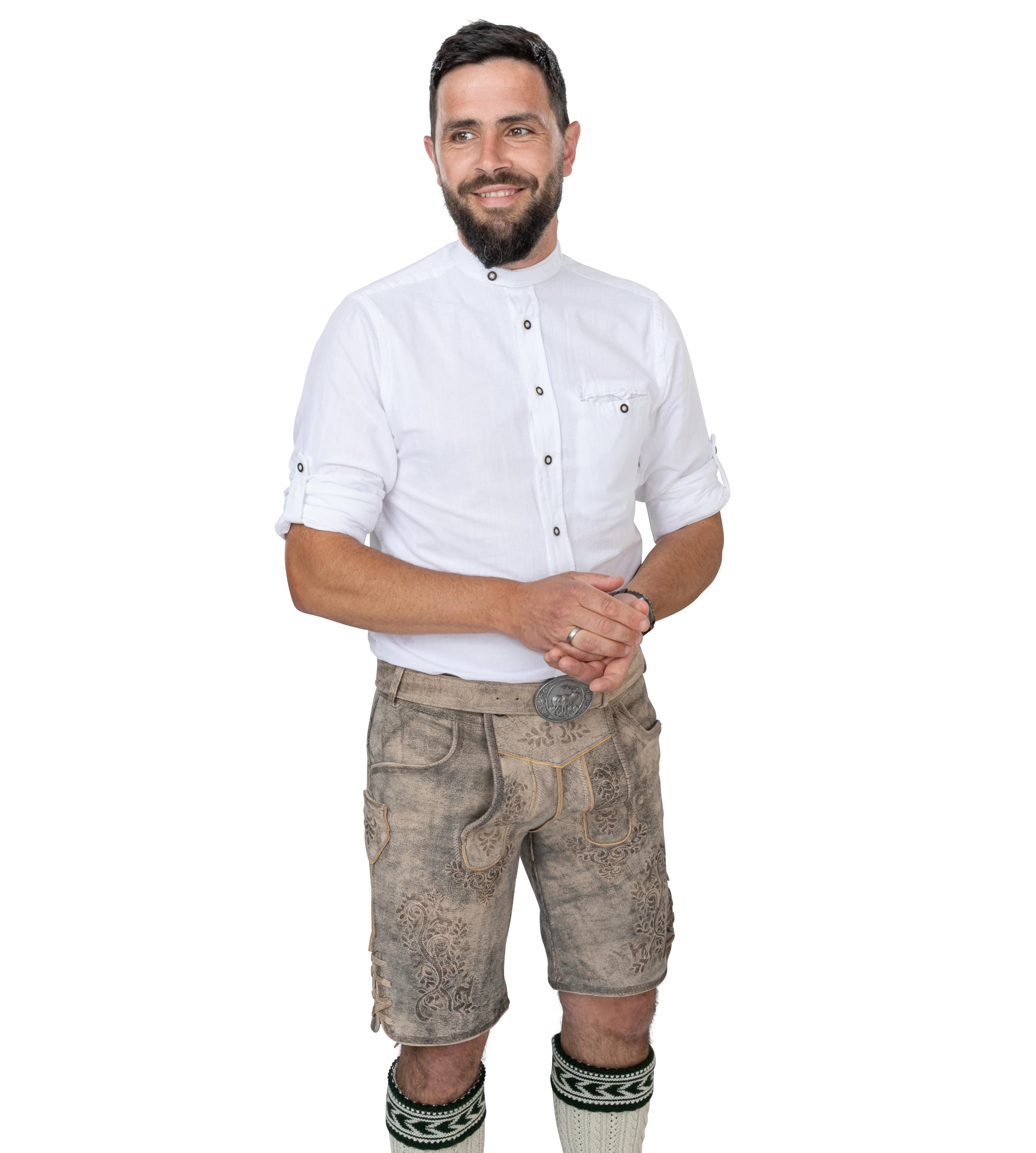 Schöneberger Trachten Couture Herren Lederhose kurz, Original Nubuk-Leder Trachtenhose für Oktoberfest, Trachtenlederhose gespeckt