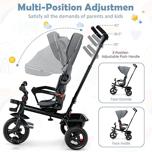 Miniatura 4 de BABY JOY Triciclo, bicicleta 5 en 1 para niños pequeños con mango de empuje extraíble, asiento reversible, rueda de EVA, toldo ajustable, portavasos