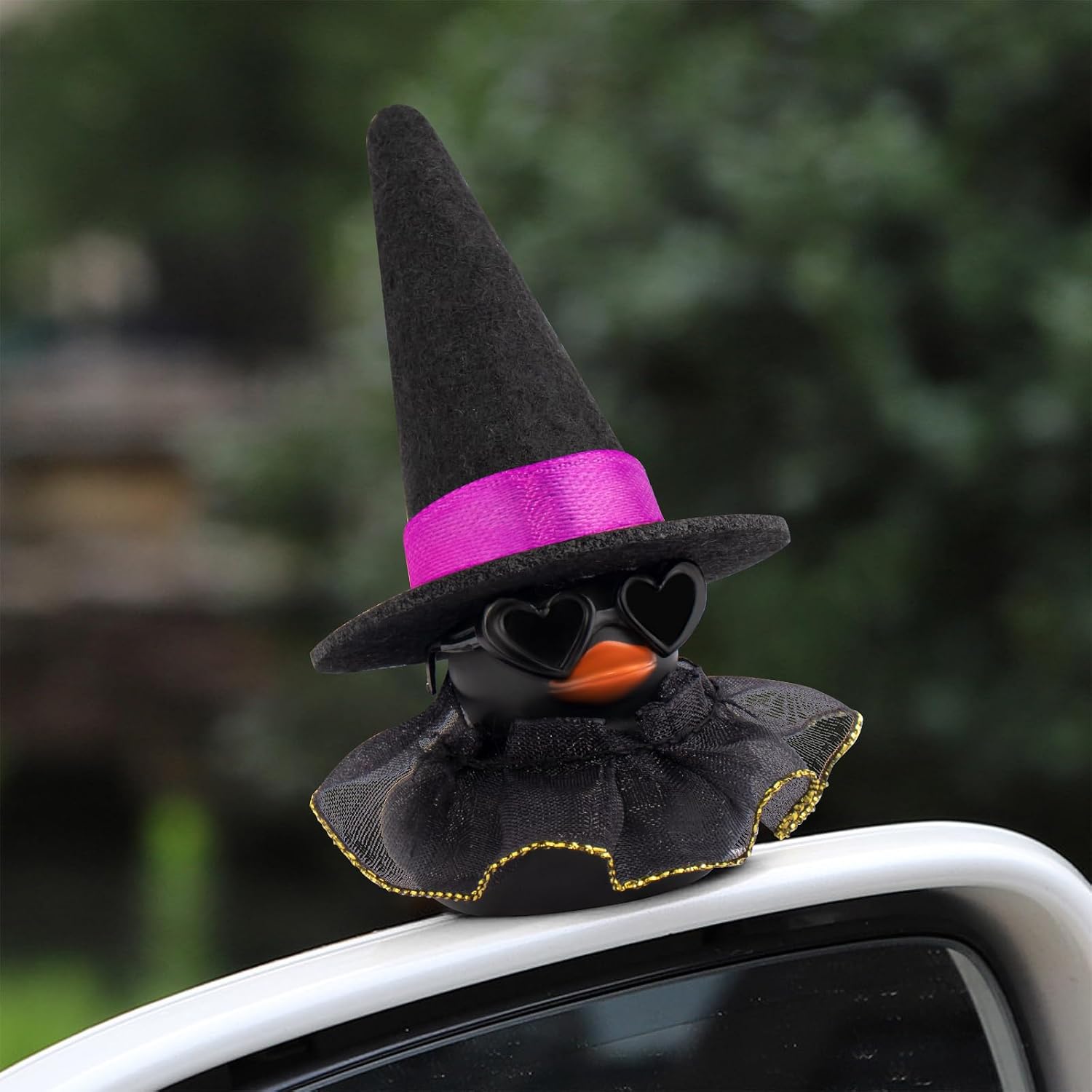 wonuu Car Dashboard Witch Colorful Rubber Ducks for Halloween, Decorations Duck for Office Desk Ornament Accessories with Hat Glasses Skirt, Gold Edge Skirt Black