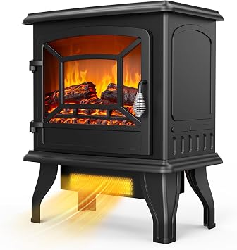 ROVSUN 20" H Electric Fireplace Stove Space Heater, 1400W Portable Freestanding with Thermostat, Realistic Flame Logs, Overheat & Tip-Over Protections for Bedroom Living Room, CSA Approved