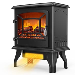 ROVSUN 20 H Electric Fireplace Stove Space Heater 1400W Portable Freestanding with Thermostat Realistic Flame Logs Overheat Tip-Over