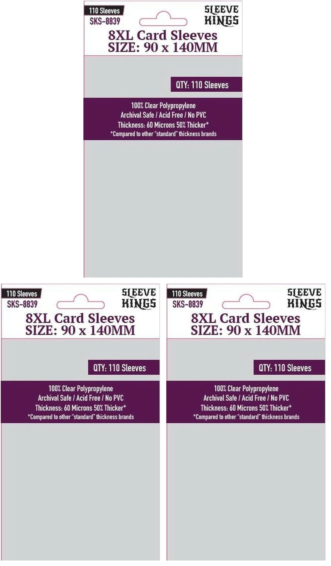 Sleeve Kings Standard Card Sleeves – 110 Count, Clear 60 Micron Thickness, XXL Size (90 x 140 mm), Compatible with Flamecraft &amp; More – SKU: SKS-8839 (Pack of 3)