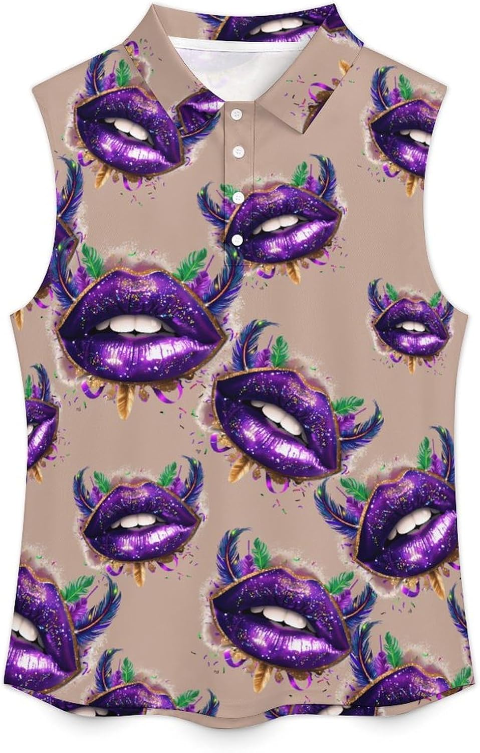 Mardi-Gras Glitter Lips Women's Sleeveless Polo Tank Top Print T-Shirt Tops Casual Tops Summer Workout