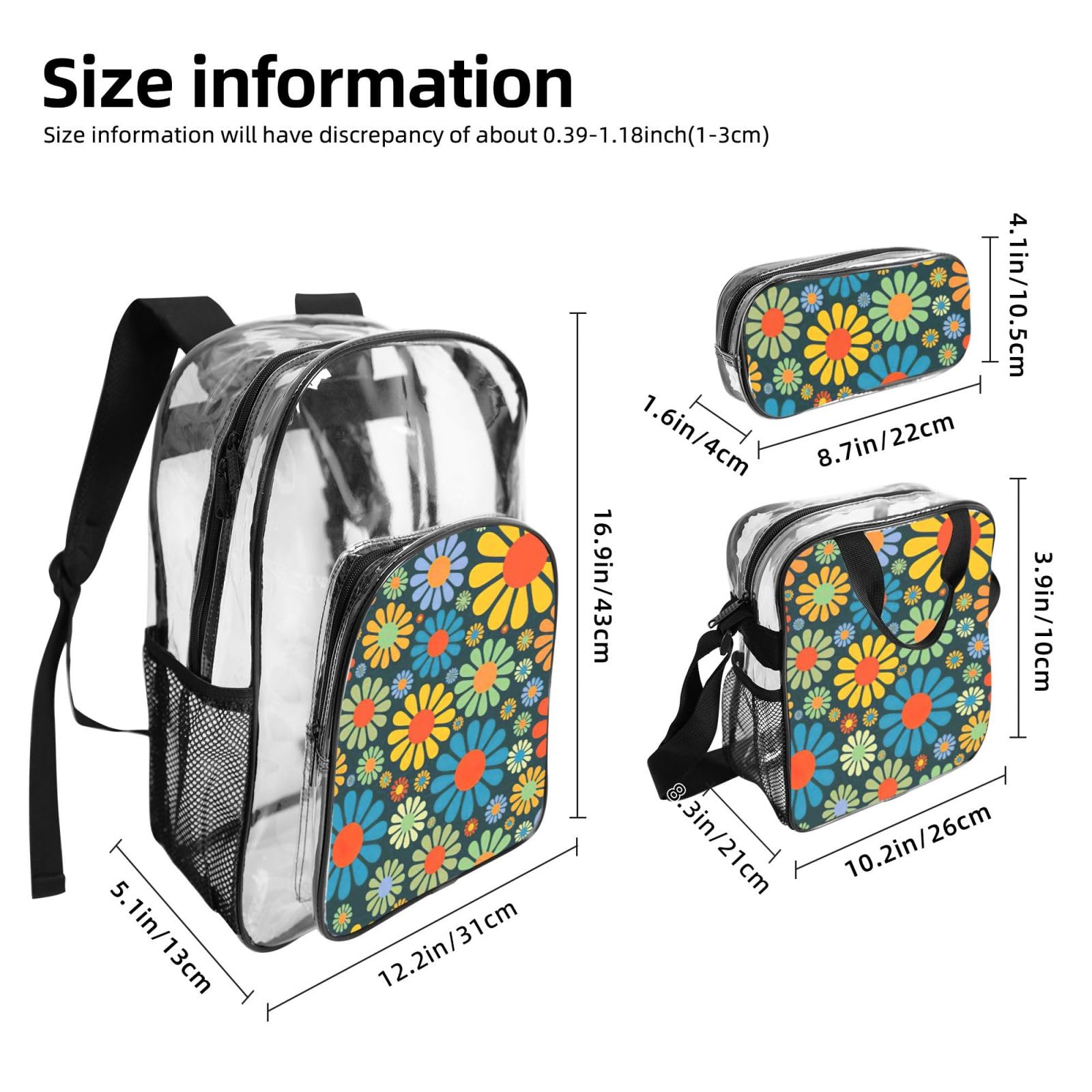 Hippie Pattern Stampa Trasparente Leggero 3 Pezzi Lunch Bag Combo Trasparente Zaino Set Scuola Viaggio
