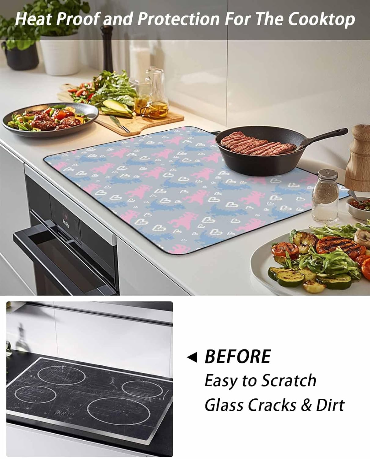 Stove Top Covers for Electric Stove 31x24 Inches, Blue Pink Dinosaur HeatResistant Glass Cooktop Protector, Cartoon Funny Cute Dino Love Heart Ceramic Stovetop Countertop Covers Mat, Oven Cover