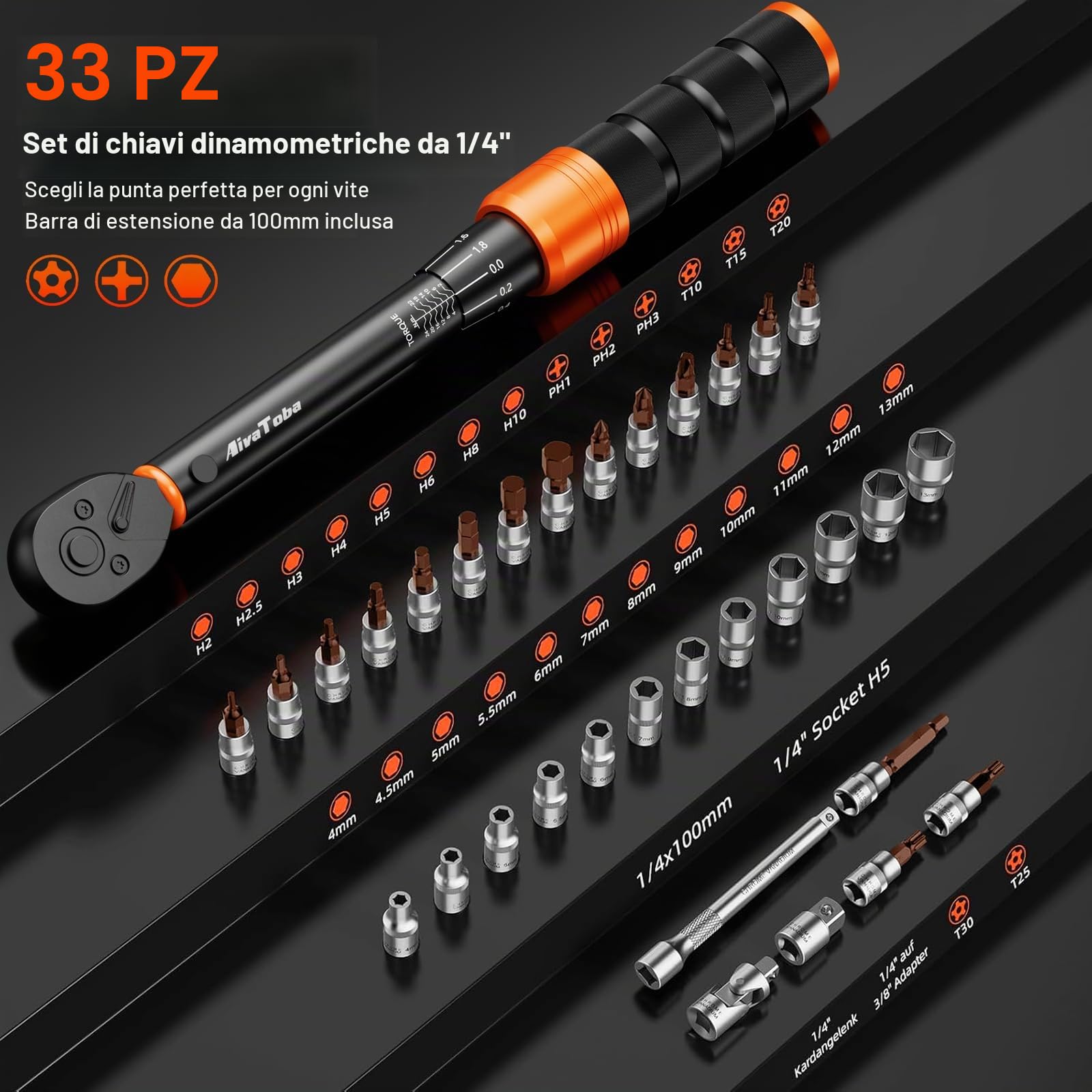 AivaToba - Chiave dinamometrica per bicicletta da 1/4", set di chiavi dinamometriche 2026 Upgrade da 33 pezzi, chiave dinamometrica da 2-24 Nm con 72 denti, precisione di errore ±3%, con prolunga