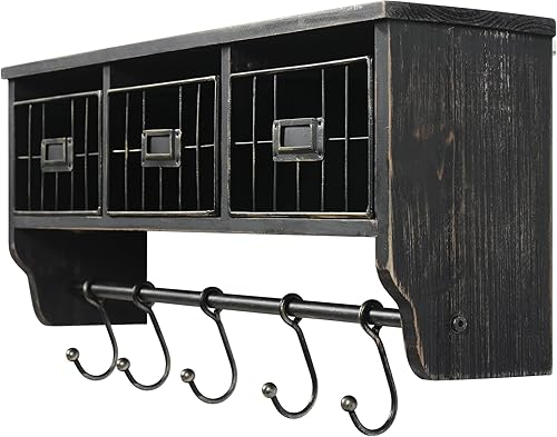 Miniatura 2 de HBCY Creations Estante montado en la pared con ganchos y cestas, organizador de entrada de madera maciza con ganchos, colgar abrigos, llaves o tazas