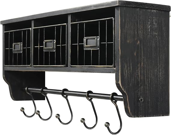 HBCY Creations Wall Mounted Shelf with Coat Hooks and Baskets, Solid Wood Entryway Organizer Wall Shelf with Hooks - Hang Coats, Keys or Coffee Mugs, Rustic Blackwash 24 Wide