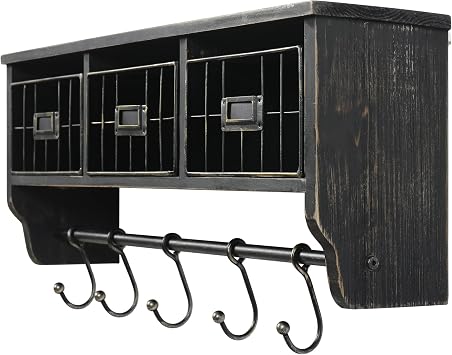 HBCY Creations Wall Mounted Shelf with Coat Hooks and Baskets, Solid Wood Entryway Organizer Wall Shelf with Hooks - Hang Coats, Keys or Coffee Mugs, Rustic Blackwash 24 Wide