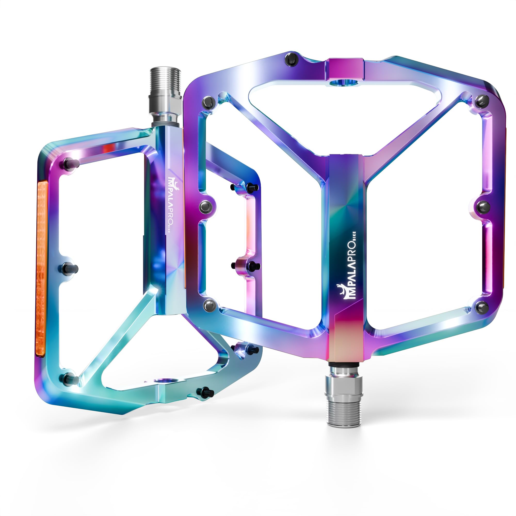 IMPALAPRO Flat Bike Pedals with Reflectors CNC Aluminium 9/16” – MTB Pedals with Extra Wide Platform and Removable Anti-Slip Pins – Lightweight Pedals for Mountain Bike & Road Bike 355 g (neochrome)