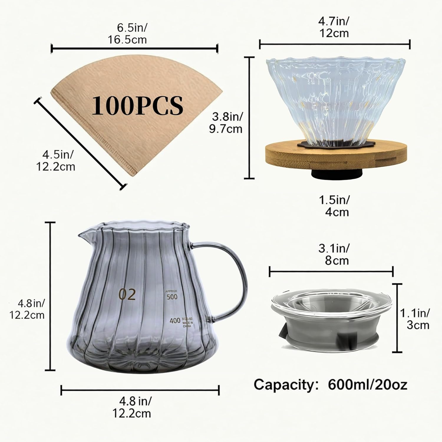Pour Over Coffee Maker Set, 20oz Borosilicate Glass Carafe with Bamboo Base & Spiral Stand, V-Shaped Glass Dripper, 100 Paper Filters, Plastic-Free Manual Coffee Brewer for Home & Outdoor