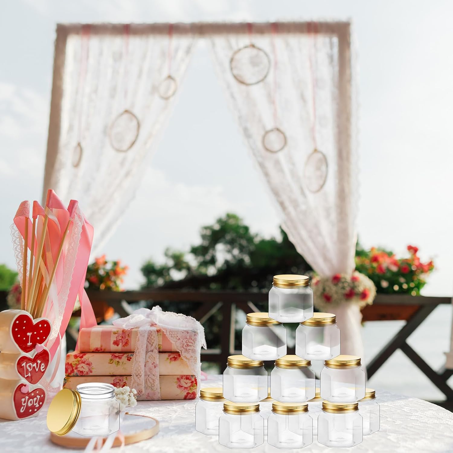 Dandat 50 Pcs Hexagon Mini Plastic Jars with Lids for Honey Party, Gold