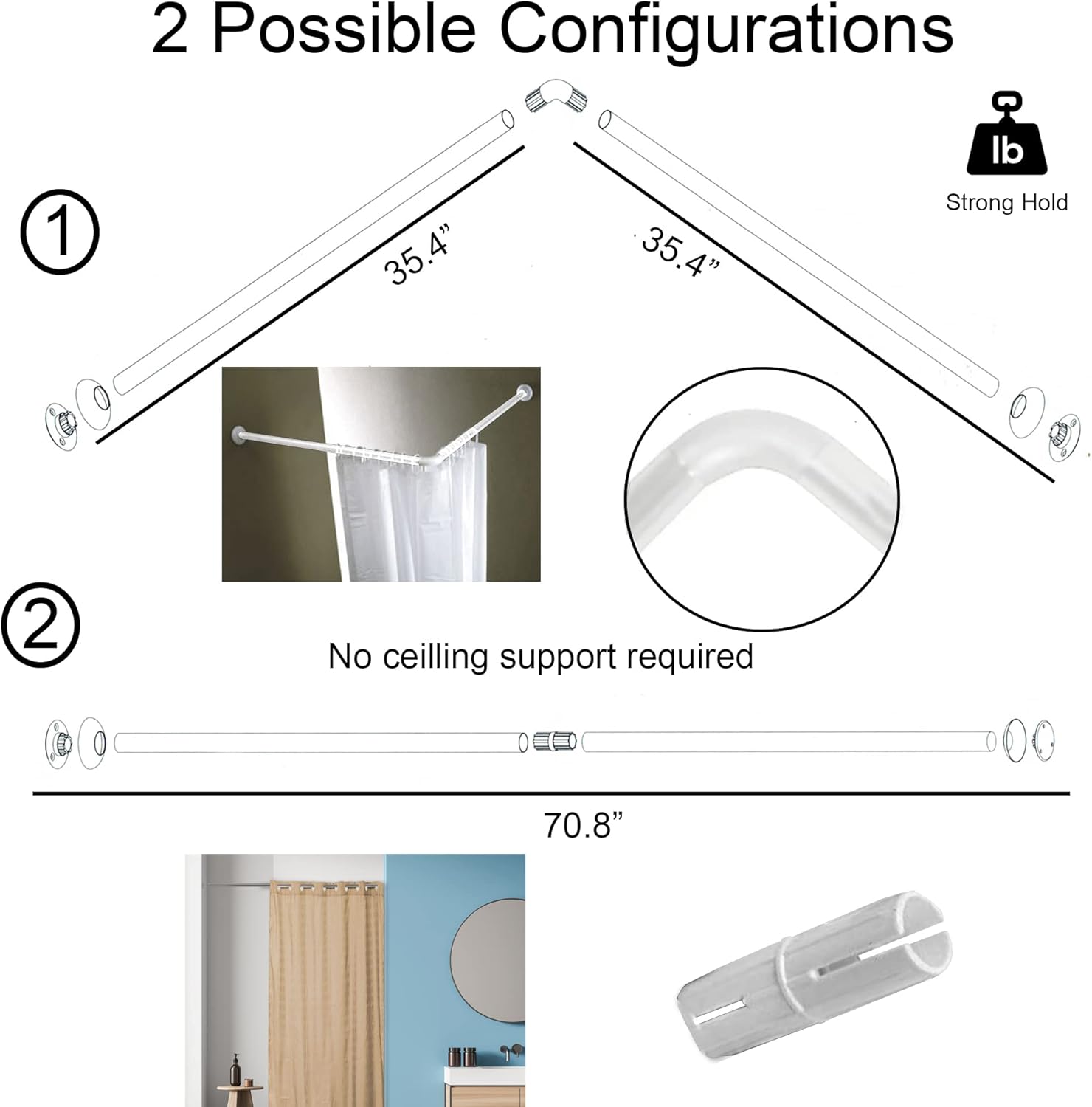 Wall Mounted Corner Shower Curtain Rod 35.4-35.4 Inches White