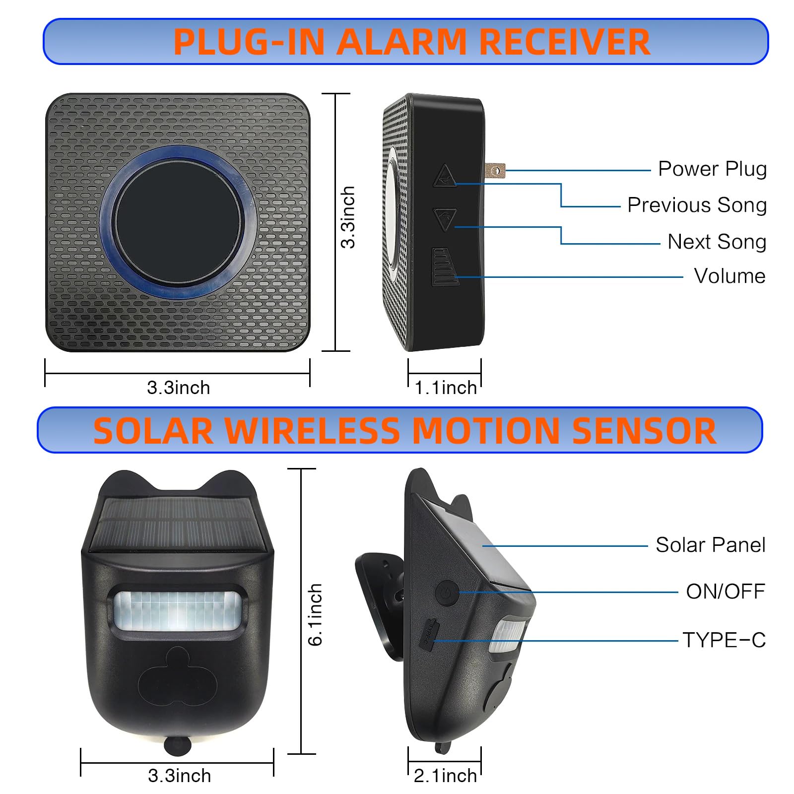 Sonnette et alarme sans fil à capteur infrarouge solaire – Portée de 1,2 km, détection de 120 °, résistant aux intempéries, chargement solaire et USB-C, pour la sécurité de la maison/entreprise 【2