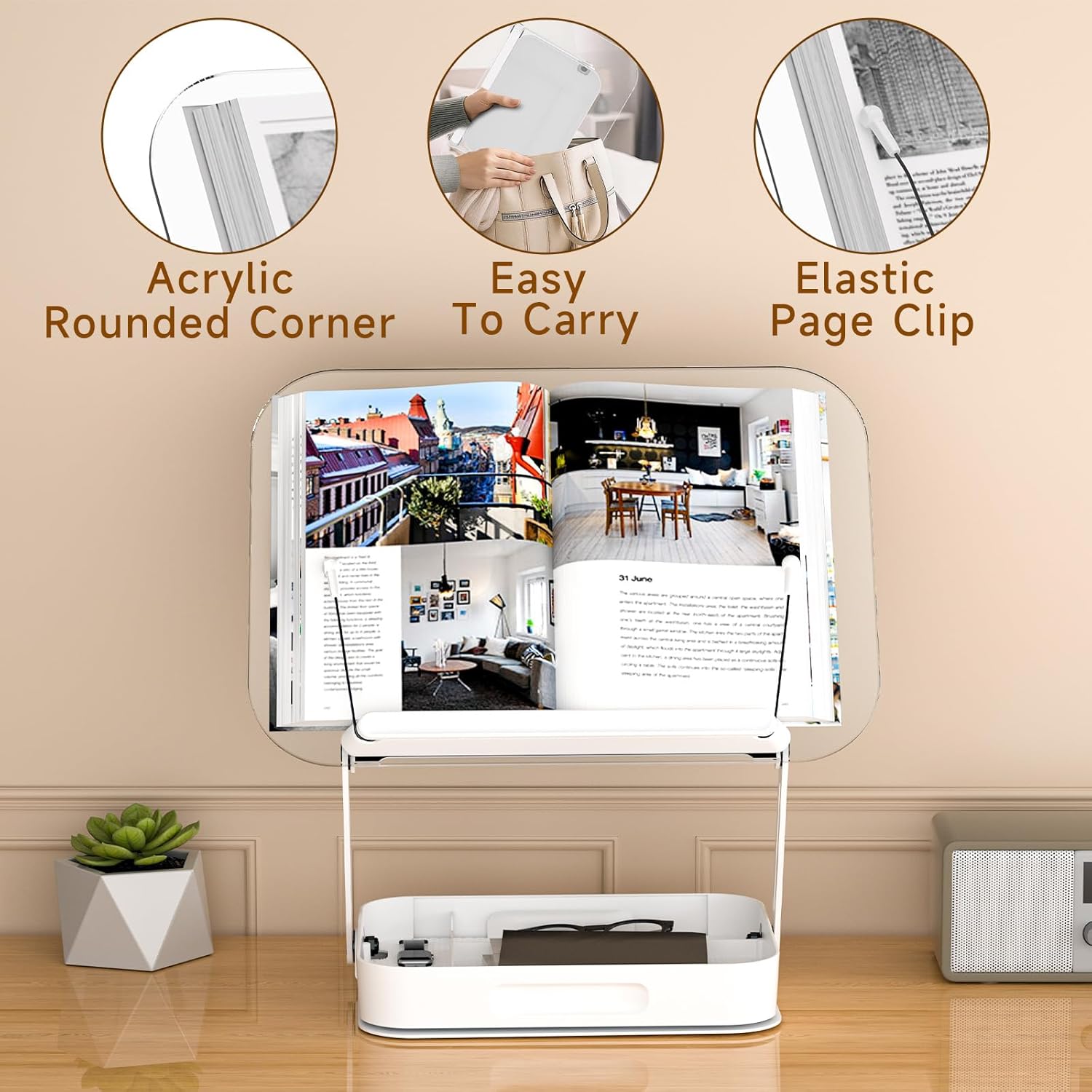 ASIEIT Acrylic Book Stand with Storage, Adjustable Book Holder with 360° Rotating Bases & Elastic Page Clips, Foldable Cookbook Stand for Reading, Display Stand for Bible, Laptop, Recipe, Textbook